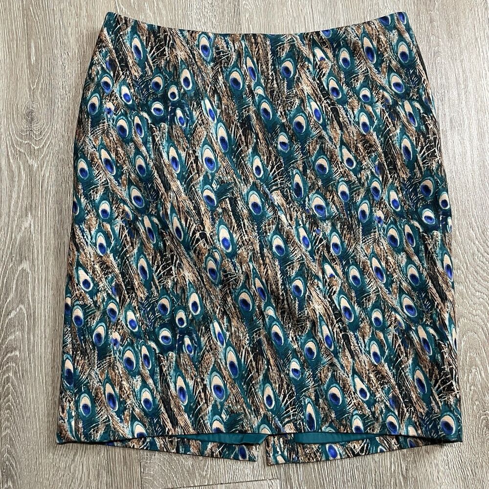 Talbots Women's Size 14P Pencil Skirt with Lining in Teal Peacock Feather Print